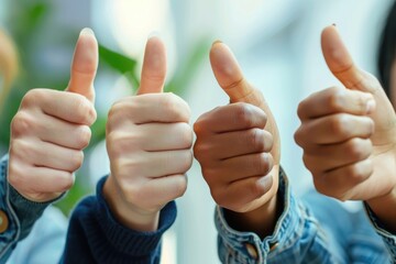 Diverse group supports company policy with thumbs up.