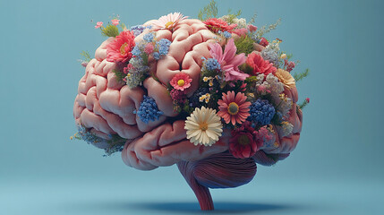 brain shaped like flowers, symbolizing creativity and growth, set against a soft, empty background that emphasizes the beauty of thought and the potential of ideas