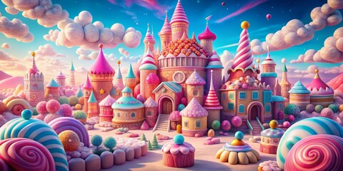 Candyland Castle Digital Illustration of a Sweet Fantasy Village, digital art, fantasy , candyland