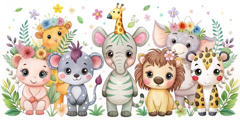 Naklejka premium Cute Watercolor Animals in a Floral Garden, Watercolor, Illustration , Animal, Nursery