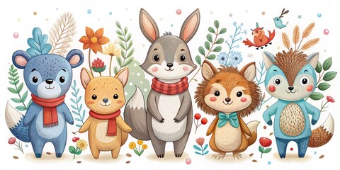 Cute Watercolor Woodland Animals with Floral Background, woodland animals, watercolor illustration
