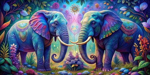 Fototapeta premium Dreamlike Encounter Two Elephants in a Colorful Floral Paradise, digital art, surrealism ,elephant art