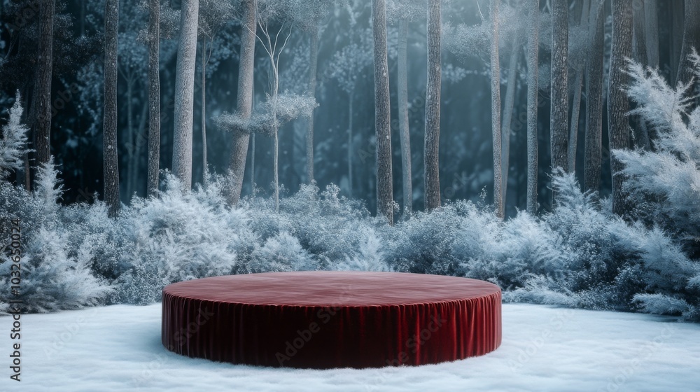 Poster a round platform covered with rich red fabric is situated in a tranquil snowy forest. tall trees sur