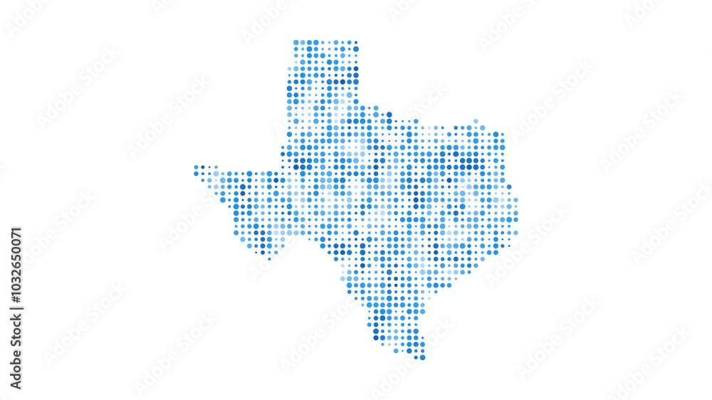 Poster texas dotted digital map. map of texas with pulsating colored circles. shape of the us state filled 