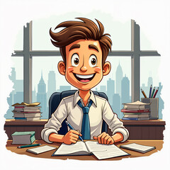 Cartoon of a young man sitting at a desk, smiling and looking up from his work, with papers and books spread out on the desk. He appears to be a student or office worker.