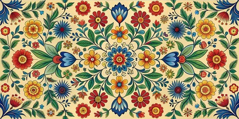 Floral Pattern with Yellow, Red, and Blue Flowers, Folk Art , Ukrainian folk art