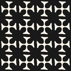 Monochrome geometric seamless pattern. Abstract vector ornament texture with floral grid, lattice, flower shapes, crosses, tiles. Simple black and white background. Repeating decorative geo design