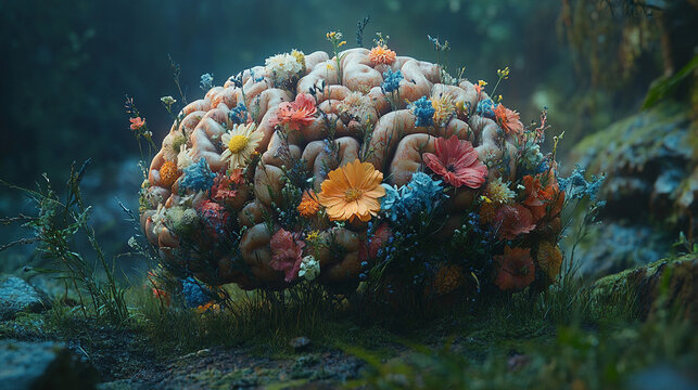 brain shaped like flowers, symbolizing creativity and growth, set against a soft, empty background that emphasizes the beauty of thought and the potential of ideas