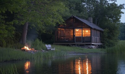 Fototapeta premium A lit cabin by a lake with a fire.