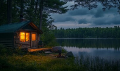 Fototapeta premium Cabin by lake at dusk with warm light.
