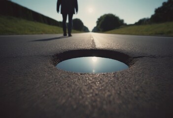 Man standing on the road and looking at a hole in the asphalt