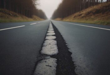 Asphalt road with potholes in the middle of the forest
