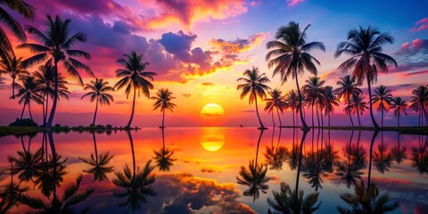 Obraz premium Silhouetted Palm Trees Reflecting in a Tropical Sunset, Tropical Sunset, Silhouette Reflection