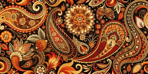 Seamless Pattern of Ornate Paisley and Floral Motifs in Red and Gold, paisley , floral