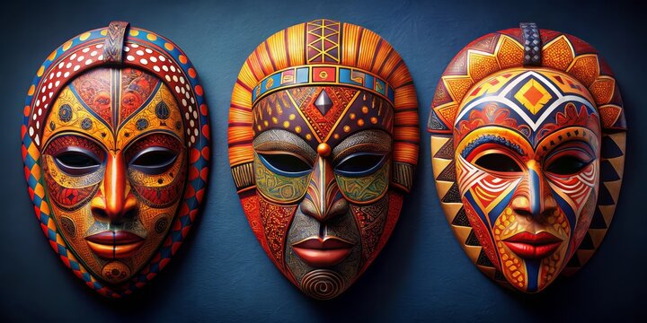 Three Vibrant African Masks in a Row on a Blue Background, Masks, African Art