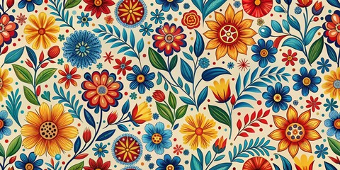 Vibrant Floral Pattern with Sunflowers, Blue and Red Flowers, Seamless Design, Digital Art, Flowers, Pattern