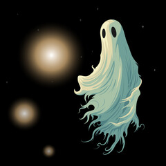 Spooky ghost floating through space, highlighted by glowing orbs in a dark sky. Isolated vector illustration, minimalist and eerie, suitable for Halloween, paranormal themes, or supernatural artwork.