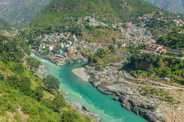 Devprayag, Godly Confluence,Garhwal,Uttarakhand, India. Here Alaknanda meets the Bhagirathi river and both rivers thereafter flow on as the Holy Ganges river or Ganga. Sacred place for Hindu devotees.