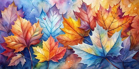 Watercolor Autumn Leaves with Vibrant Hues, Autumn, Fall