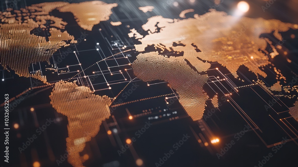 Poster a world map with connecting lines representing global commerce.