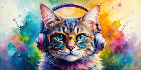 Watercolor Cat with Headphones and Sunglasses, Vibrant Colors, Abstract Background, Digital Art, cat art, headphones art