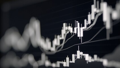 Wide-screen abstract financial chart depicting uptrend with candlesticks against blackwhite backdrop Business Stock