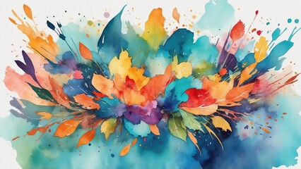 Vibrant watercolor splash with colorful leaves and artistic elements creating a lively composition