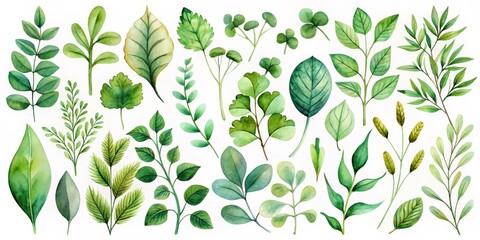 Watercolor Green Leaf Collection - Botanical Illustration, Floral, Nature, Leaf, Green, Watercolor, Illustration