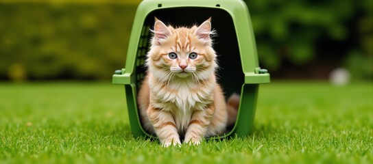 Adorable kitten in pet carrier amidst healthy grassy environment promoting animal care and disease prevention