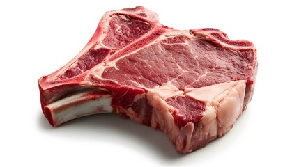 Fototapeta premium Realistic close-up of raw T-bone steak with visible marbling and a thick bone on a white background, showcasing its deep red color and detailed fat distribution