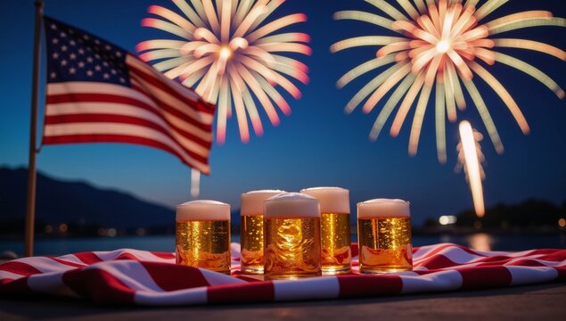 Aerial view of beer-filled coolers fireworks display and an illuminated American flag on July 4th