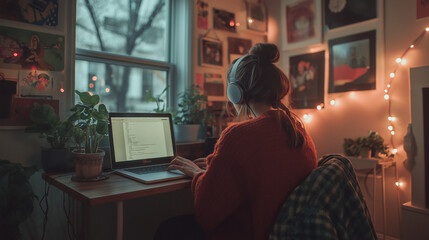 A young professional working remotely from a tiny apartment, using a small desk setup with a laptop and headphones on. The room is cozy yet compact, with a mix of personal items like posters.