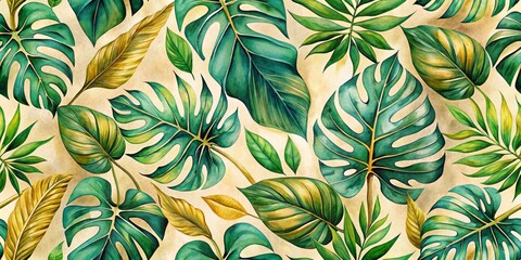 Watercolor Tropical Leaves Seamless Pattern on Beige Background, tropical, botanical