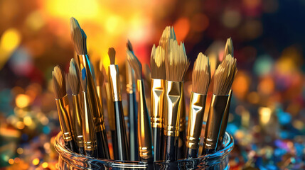 Fototapeta premium A Collection of Paintbrushes in a Glass Jar with a Vibrant, Colorful Background, generative ai