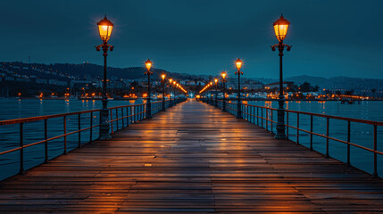 Obraz premium Illuminated pier at night leading towards city skyline with street lamps