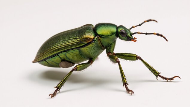Close-up illustration depicts a green June beetle against a plain backdrop