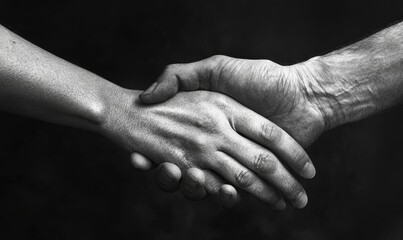 Two hands clasped in black and white.