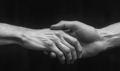 Two hands clasped together in black and white.