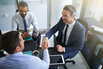Business people, finance investor or handshake in meeting for funding, teamwork or partnership. Collaboration, agreement or investment banker greeting manager for financial help or negotiation deal