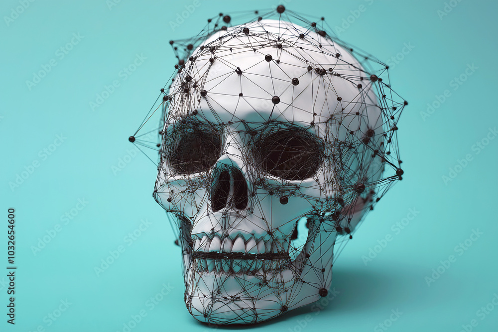 Poster minimalist skull with a lock, where the bones are made of network wires and codes.
