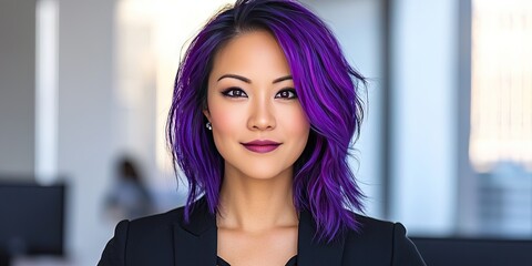 professional asian female executive with purple hair, modern office background
