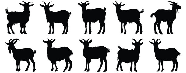 Goat silhouettes set, animal pack of vector silhouette design, isolated background