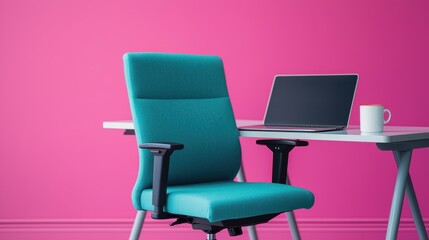 Modern Office Desk with Turquoise Chair  Laptop and Coffee Mug on Pink Wall