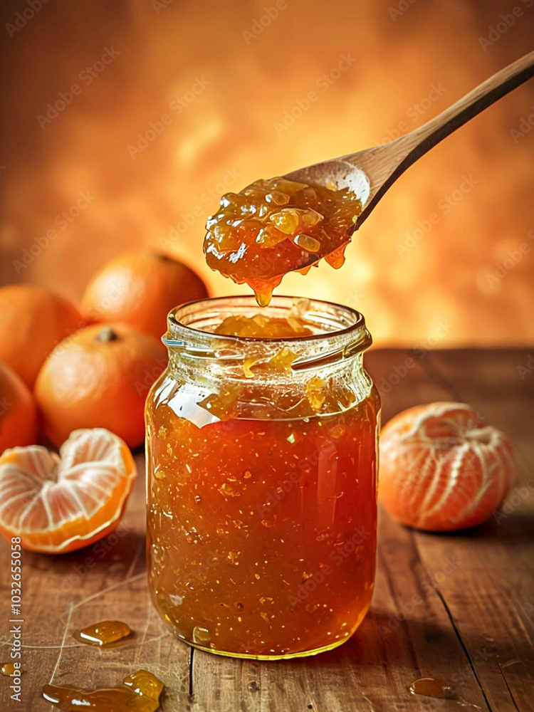 Poster glass jar with amber tangerine jam in the background and whole and partially peeled tangerines