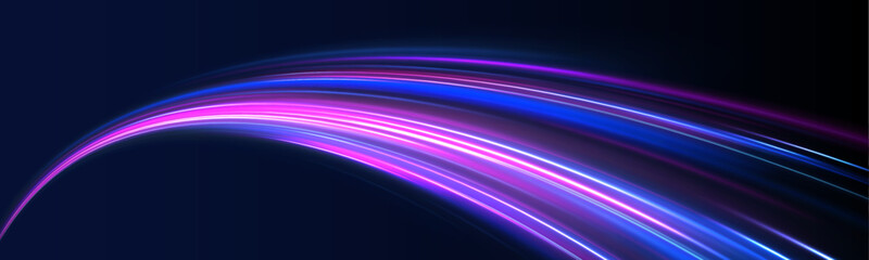 Abstract neon background with shining wires. Motion design. Magic empty space. Panoramic high speed technology concept, light abstract background.