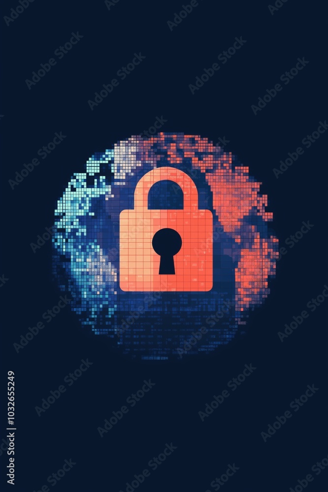 Poster simple lock icon over a pixelated globe, representing global internet security.