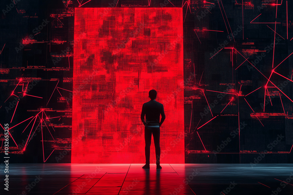 Aufkleber simplified hacker figure standing in front of a giant firewall made of red and black lines.