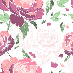 Delicate peonies seamless background. hand drawing. Not AI, Vector illustration.