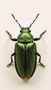 Close-up illustration depicts a green June beetle against a plain backdrop