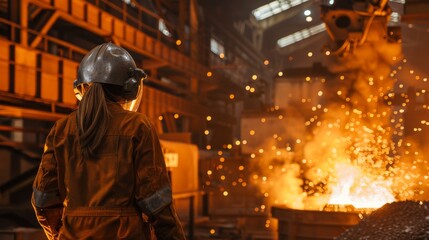 Steel mill worker monitoring molten iron pour at industrial site